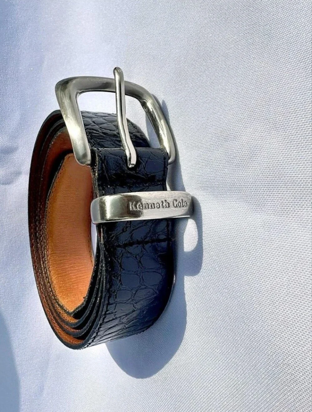 Kenneth Cole Black Croc-Embossed Leather Belt with Silver Buckle